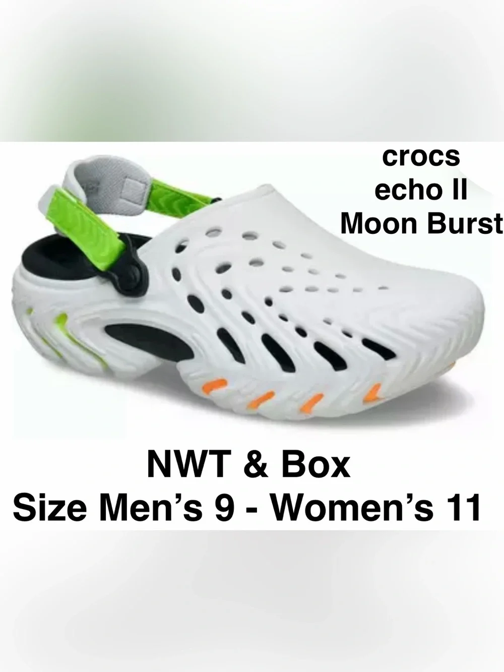 NIB CROCS Echo II Moon Burst Clog in White/Lime/Orange, Men’s 9 - Women 11